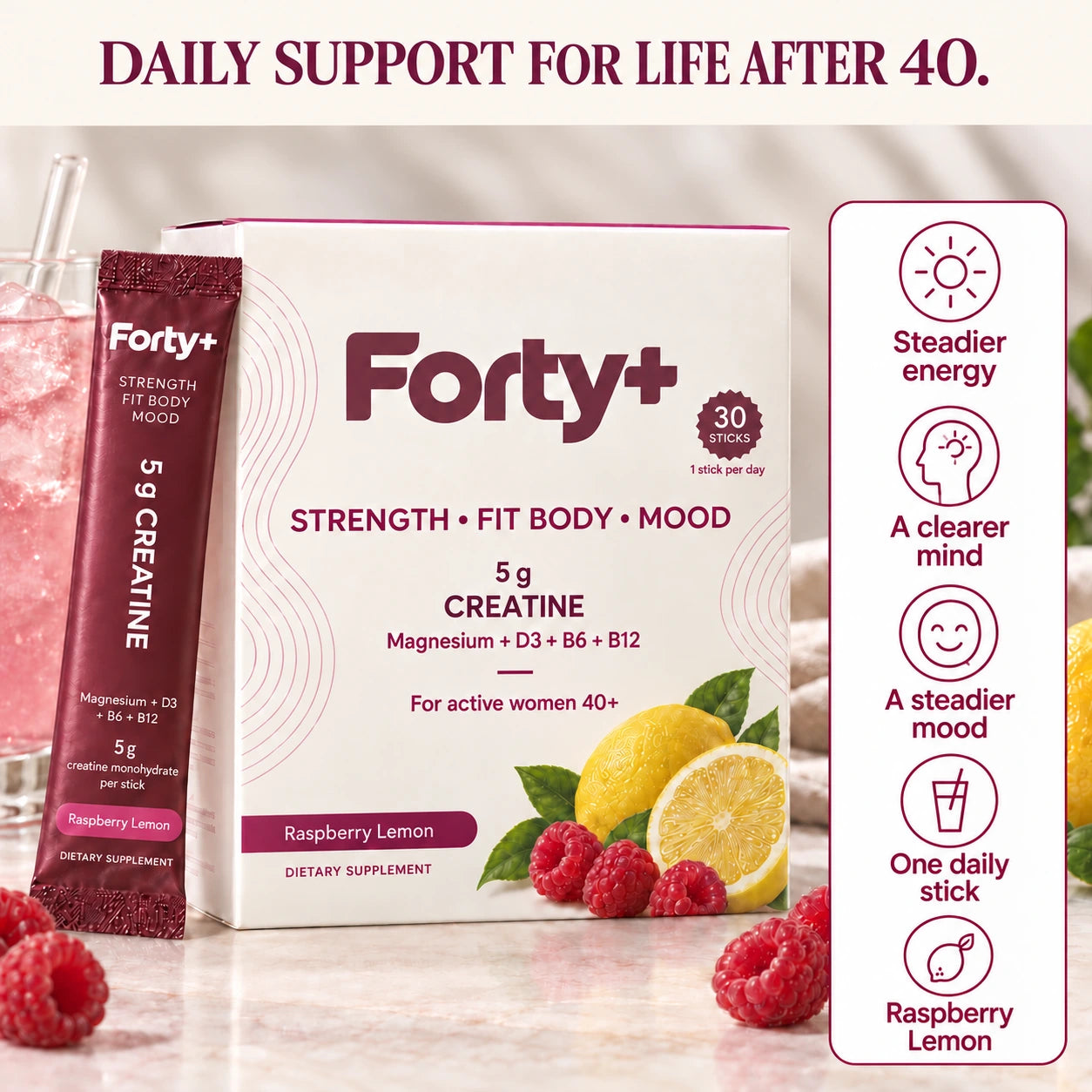 Forty+ Raspberry Lemon box, one daily stick and a glass of pink drink. Daily support for life after 40.