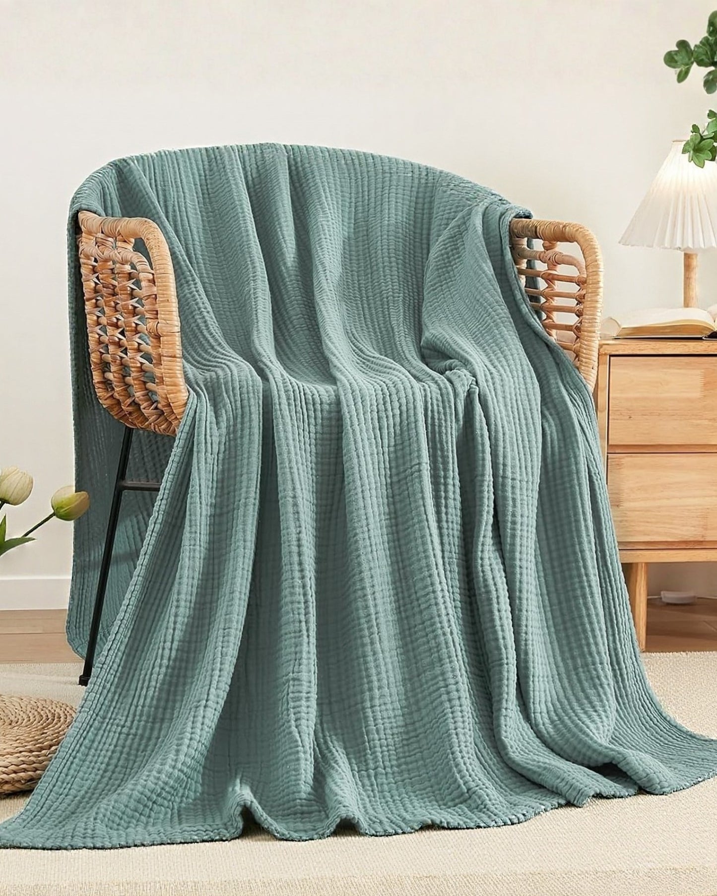 Couverture en mousseline coloris Sauge sur un fauteuil