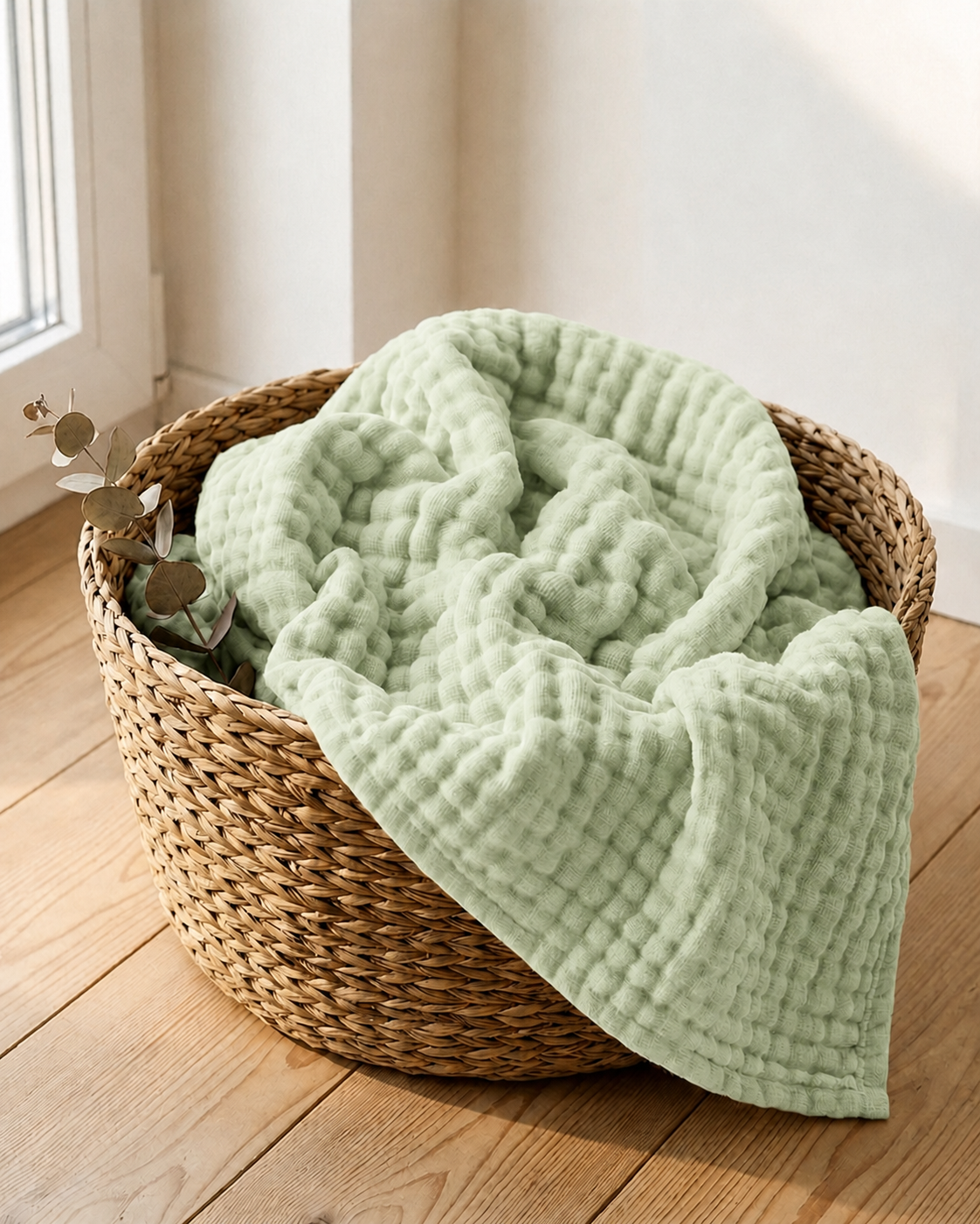Couverture en mousseline coloris Vert clair dans un panier en fibre naturelle