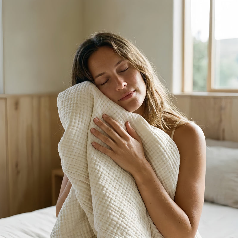 Femme joue contre la mousseline, yeux fermés — douceur du lange adulte