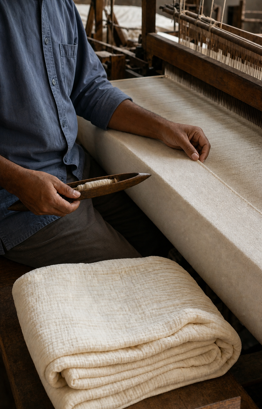 Artisan bangladais tissant la mousseline de coton sur un métier traditionnel